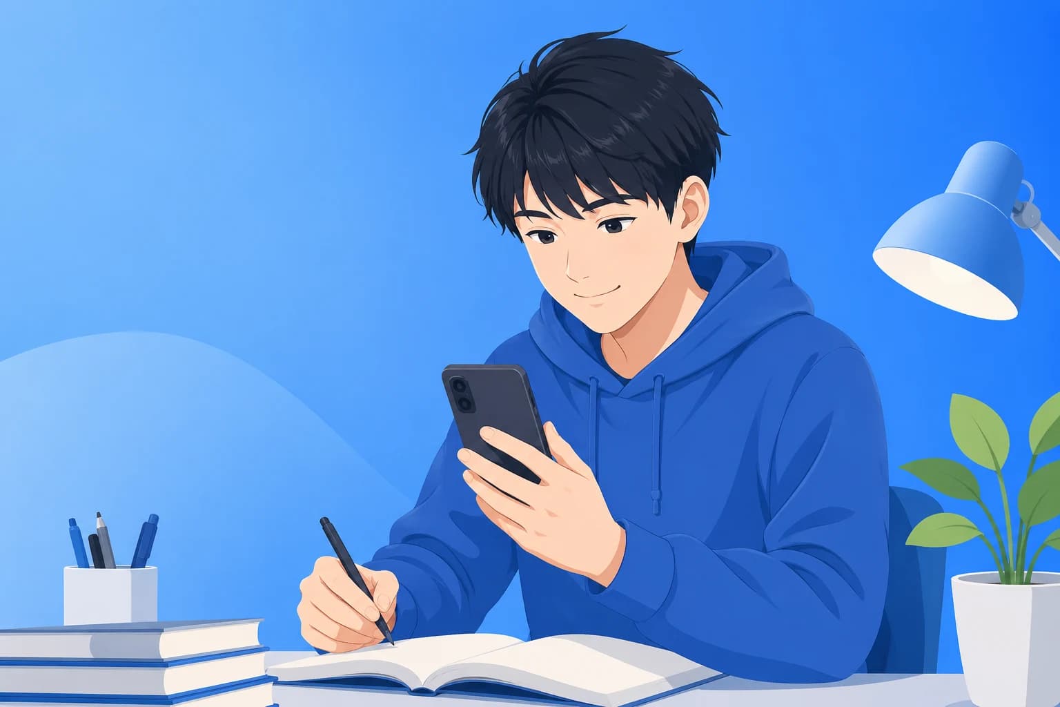 スマホで運転免許の学習をする学生